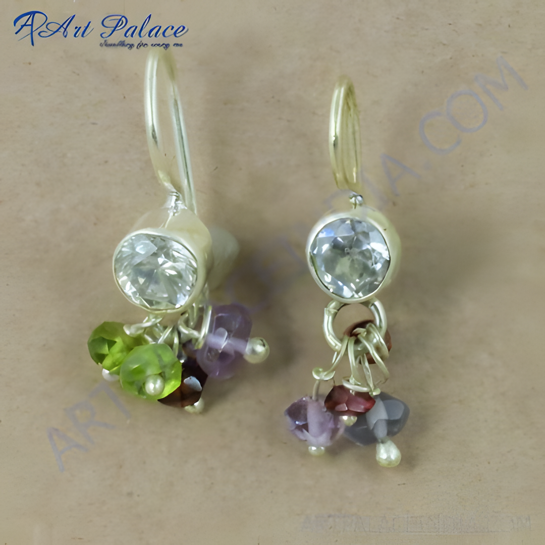 Sterling silver dangle earrings with clear gemstones and colorful peridot and amethyst accents.