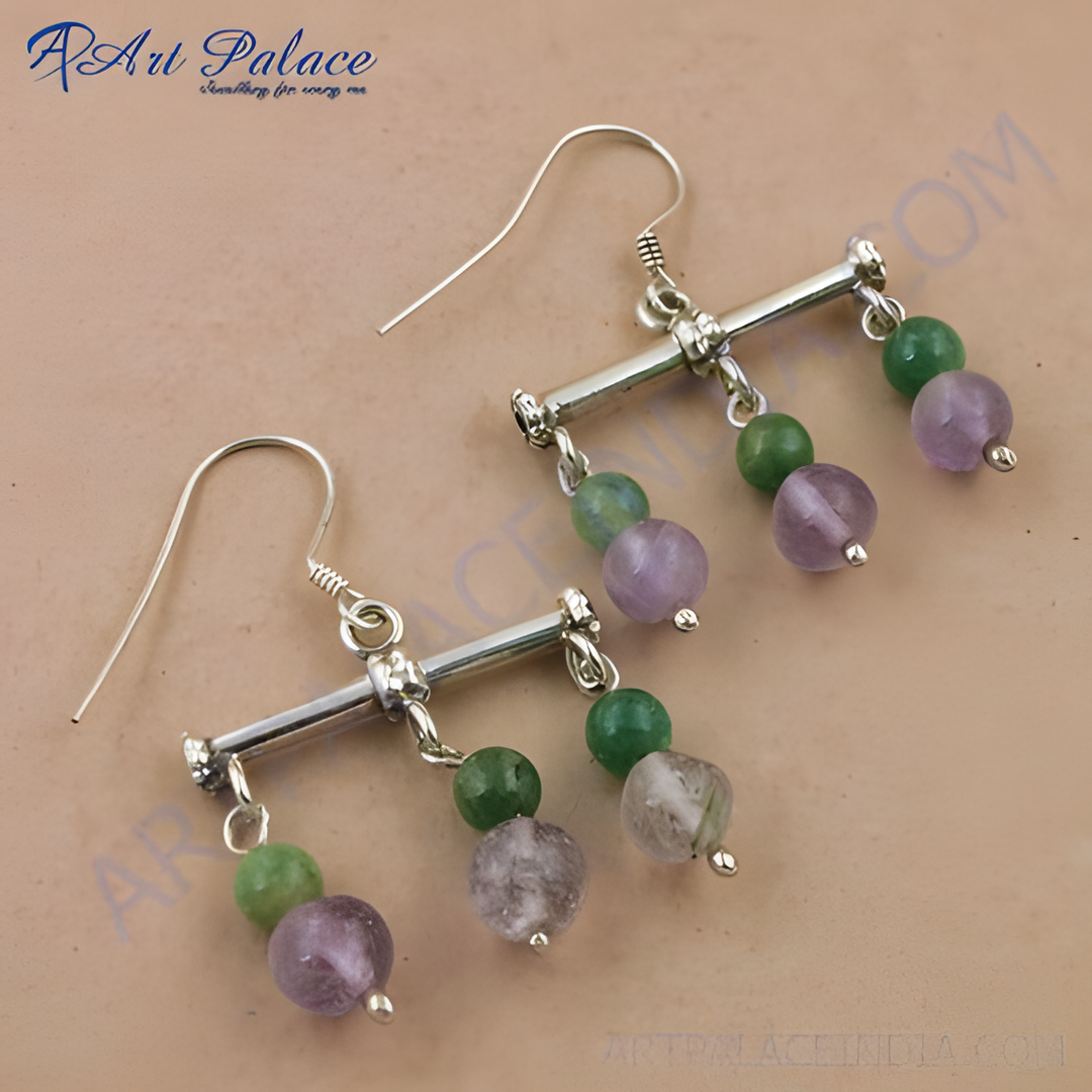 925 sterling silver drop earrings with amethyst and green gemstones.