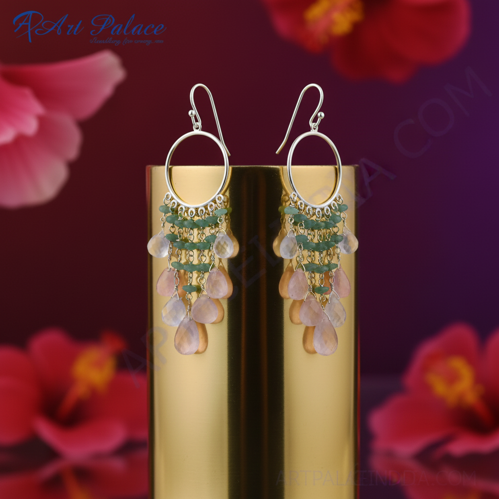 925 silver green & pink gemstone dangle earrings | for women