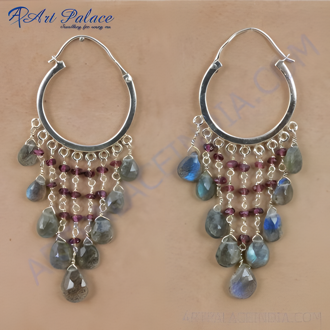 925 sterling silver chandelier earrings featuring labradorite and garnet gemstones in a dangling design.