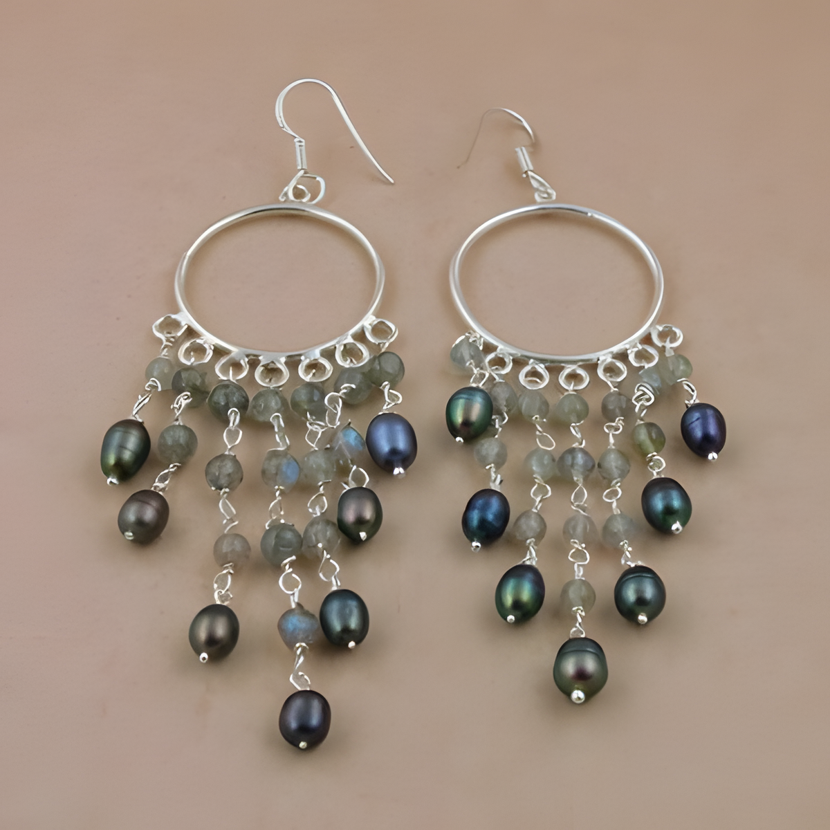 Sterling silver chandelier earrings with peacock pearls and labradorite gemstone beads, women's fashion jewelry
