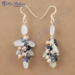 Load image into Gallery viewer, Sterling silver dangle earrings with pearls and a mix of gemstones in a cluster design.
