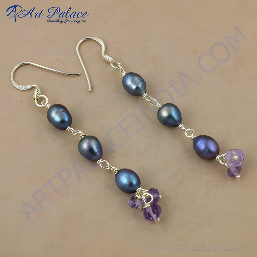 925 sterling silver drop earrings with dark blue pearls and purple amethyst gemstones.