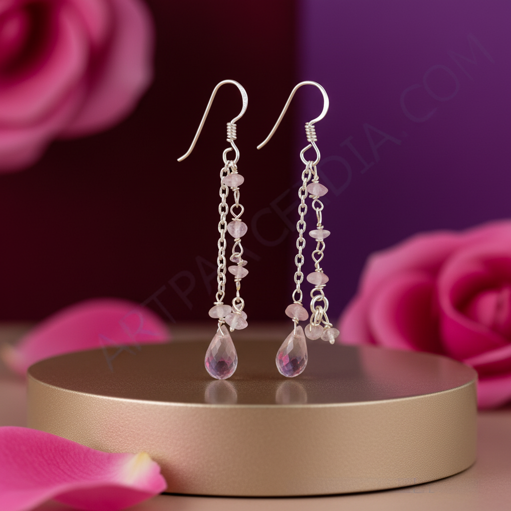 925 Silver Rose Quartz Dangle Earrings for Women | Gift