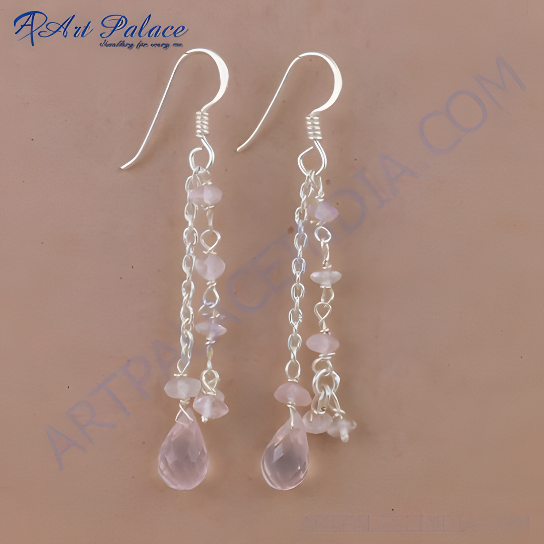 925 sterling silver dangle earrings with pink rose quartz gemstones, featuring a delicate chain design.