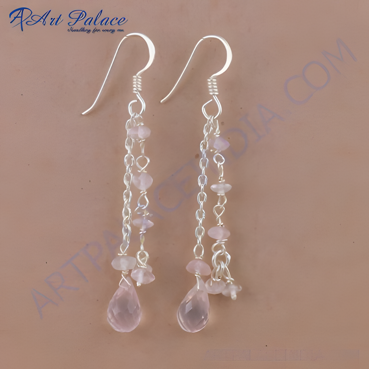925 sterling silver dangle earrings with pink rose quartz gemstones, featuring a delicate chain design