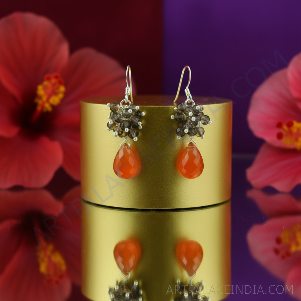 925 silver carnelian & smoky quartz earrings | for women