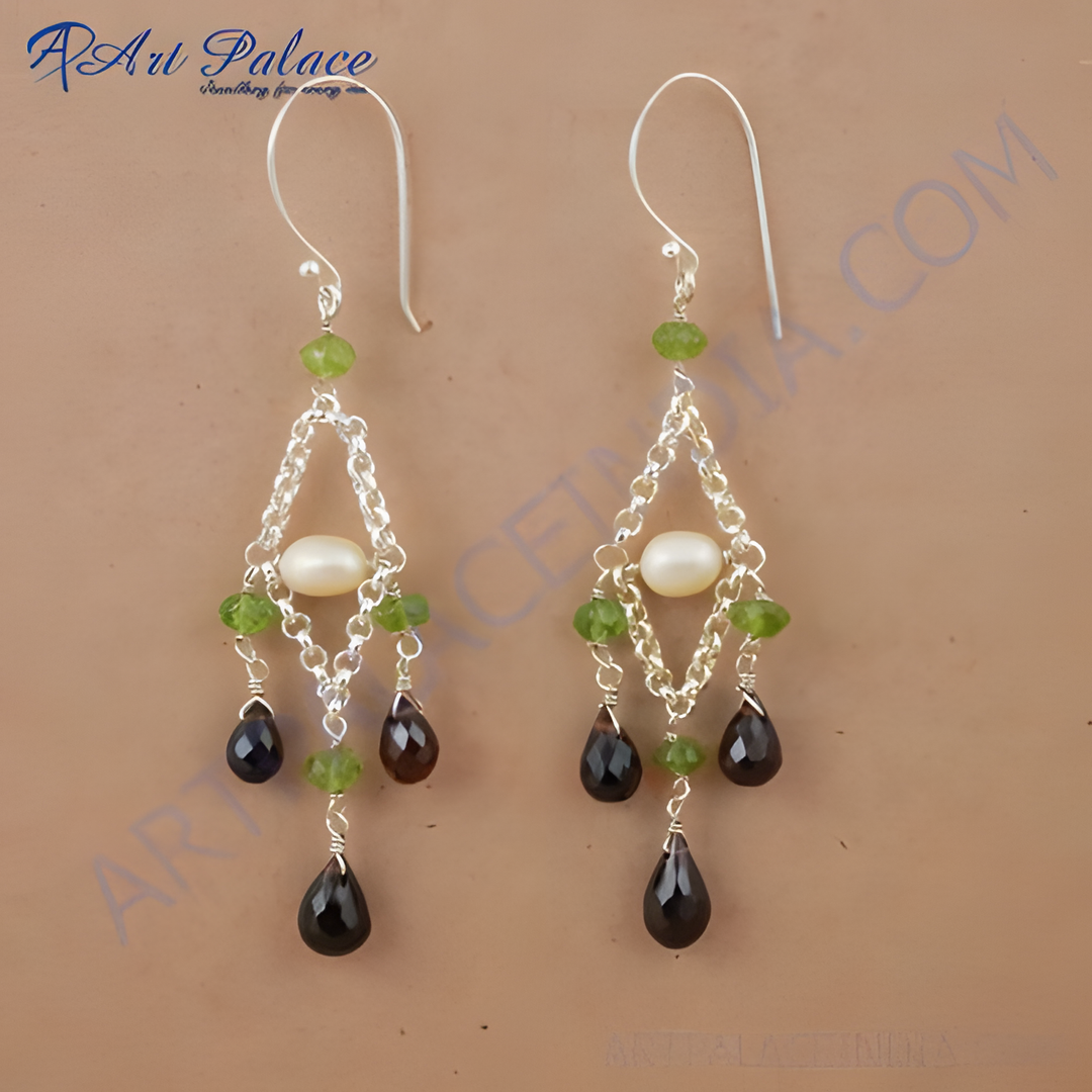 925 sterling silver dangle earrings featuring green and black gemstones, perfect for any occasion.