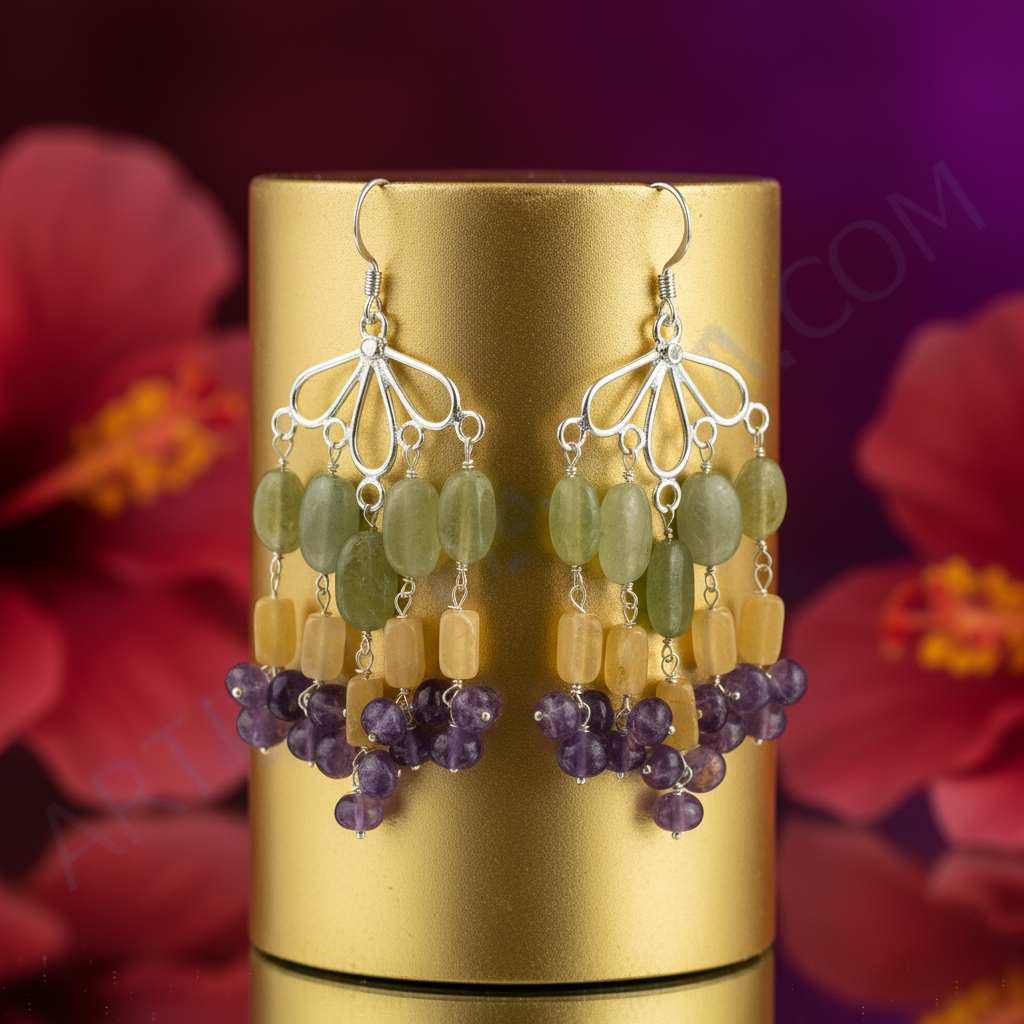 Silver amethyst & gemstone dangle earrings | for women