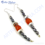 Load image into Gallery viewer, Sterling silver dangle earrings with grey pearls and faceted orange carnelian beads
