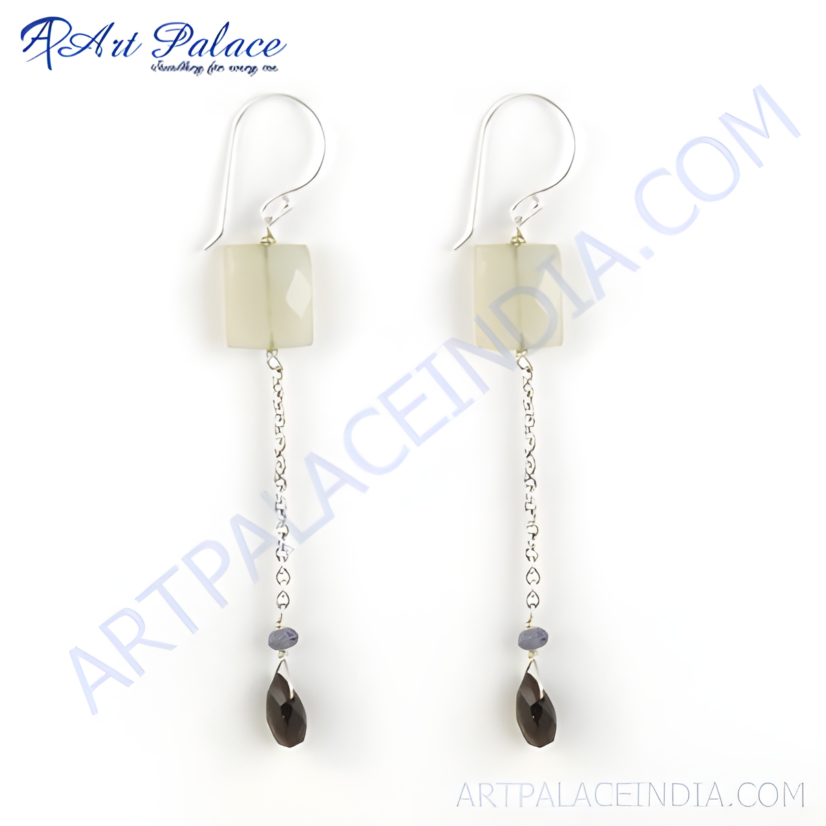 Sterling silver dangle earrings with light gemstones and smokey quartz teardrop
