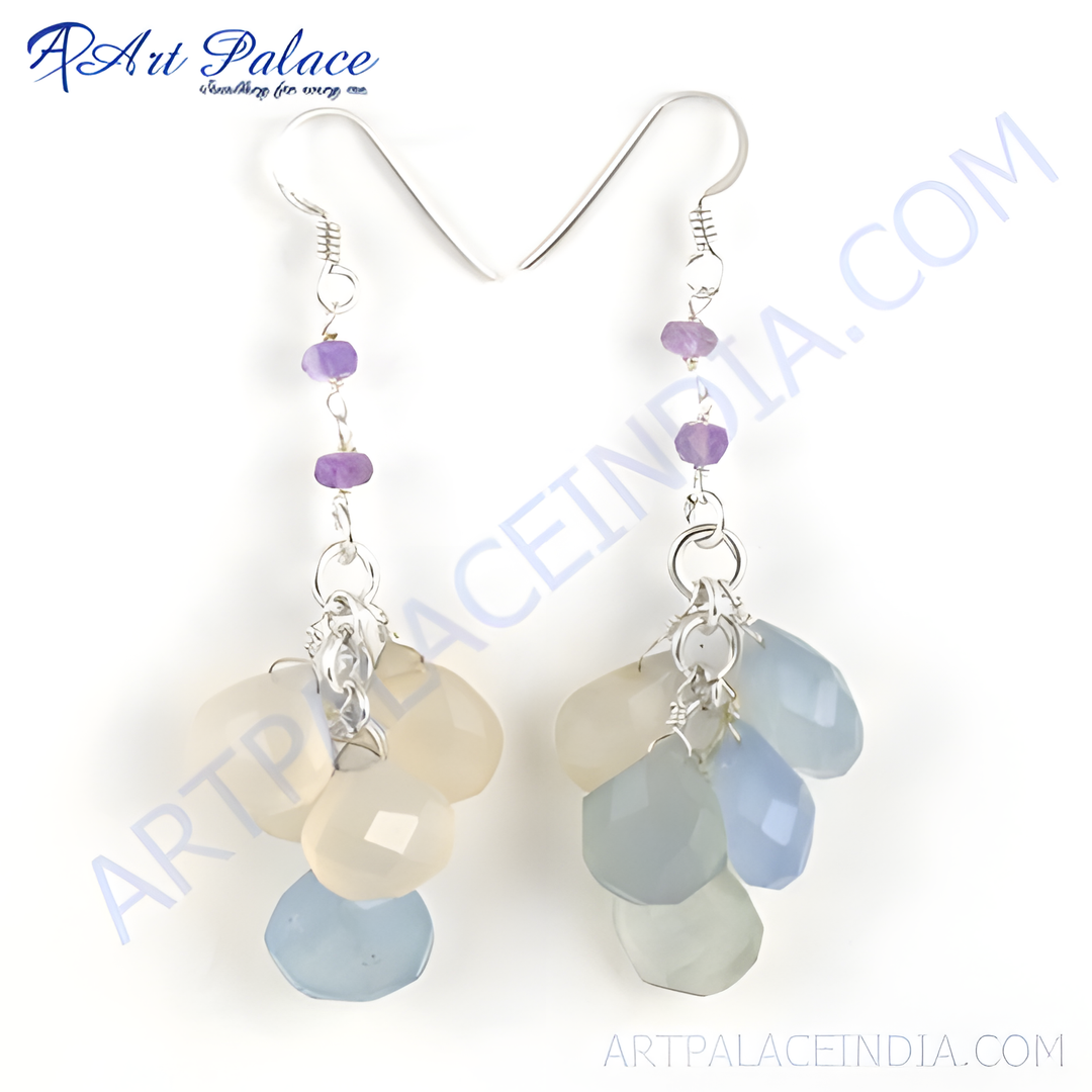 925 sterling silver gemstone drop earrings with blue and off-white colored gemstones.