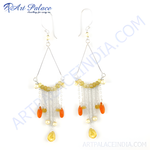 Load image into Gallery viewer, Silver dangle earrings with yellow and orange gemstones, perfect for women&#39;s fashion jewelry.
