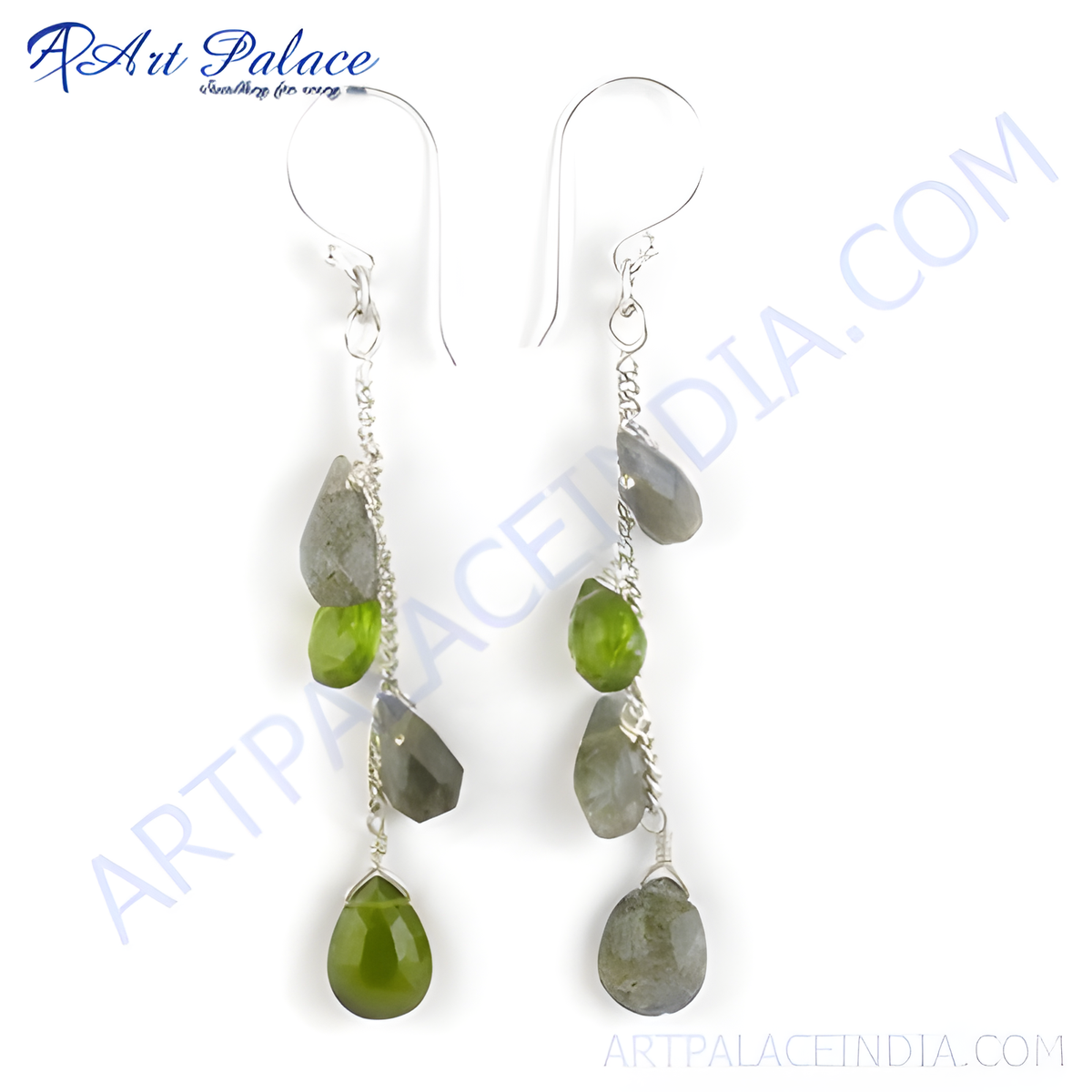 925 sterling silver dangle earrings featuring peridot and labradorite gemstones, green and gray colors