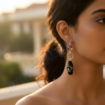 Load image into Gallery viewer, Floral Painted Black Bead Earrings | Silver Dangle for Women
