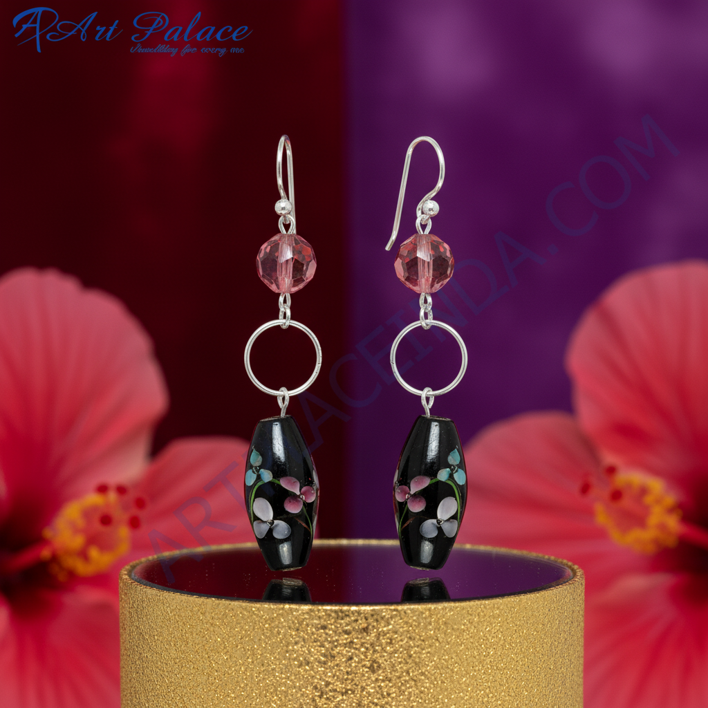 Floral Painted Black Bead Earrings | Silver Dangle for Women