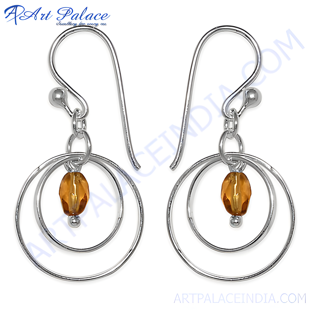 Silver dangle earrings with amber colored gemstone beads, perfect for women. Silver hook earrings.