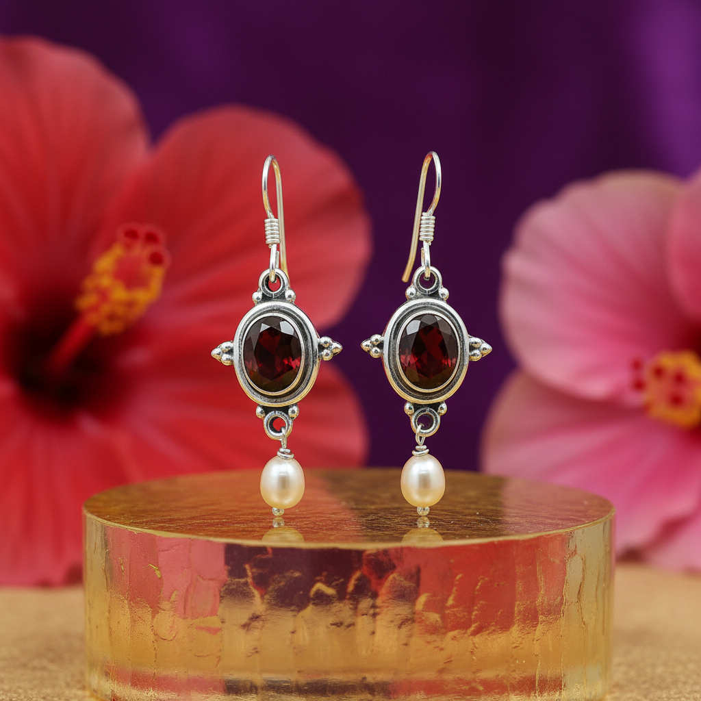 925 Silver Garnet & Pearl Drop Earrings for Women | Gift