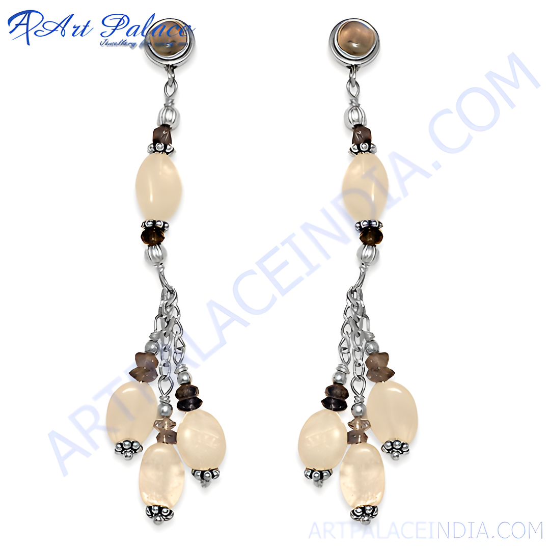 Sterling silver drop earrings with cream-colored oval stones and chain detail, perfect for everyday wear.