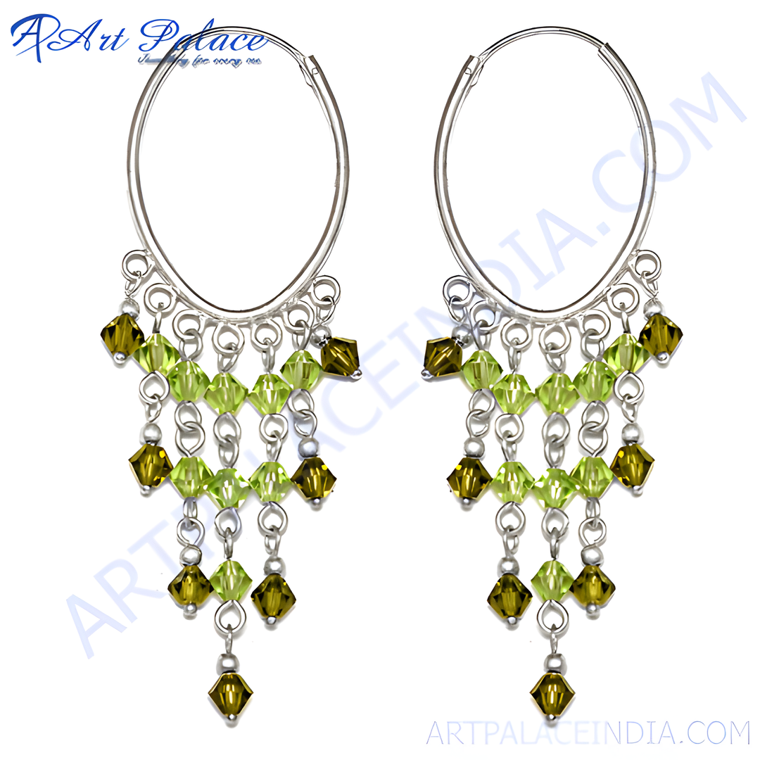 Silver hoop dangle earrings with green gemstone accents, perfect for women's fashion and gifting.