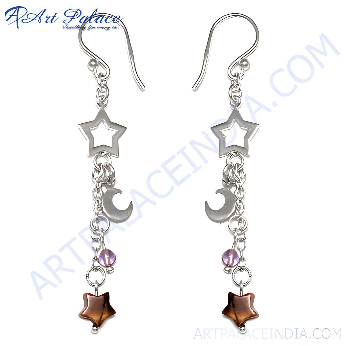 Sterling silver dangle earrings with star, moon and crystal accents in silver