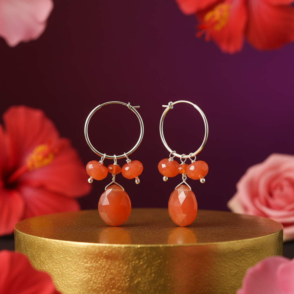 Silver Hoop Earrings with Orange Carnelian | Women's Jewelry Gift