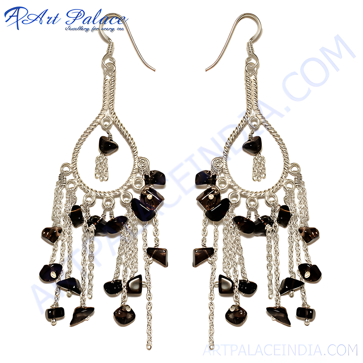 Sterling silver dangle earrings with smoky quartz gemstones and chain accents