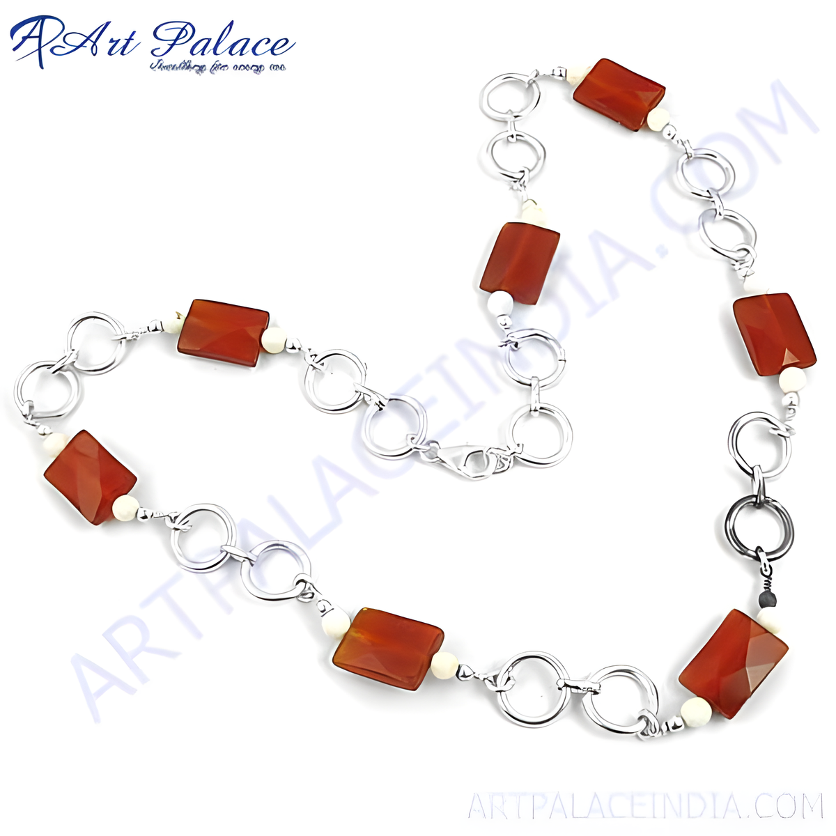 Sterling silver necklace with rectangular orange carnelian gemstones and white beads, perfect for women