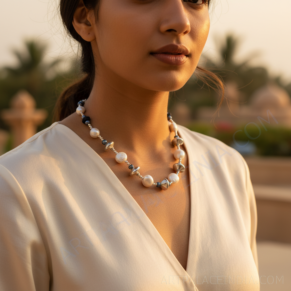 Silver Pearl Necklace with Blue Stone Accents for Women | Gift