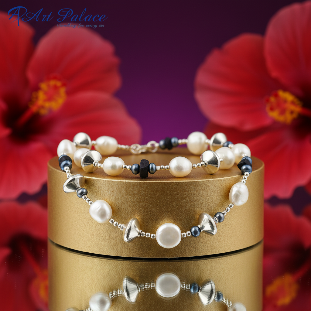 Silver Pearl Necklace with Blue Stone Accents for Women | Gift