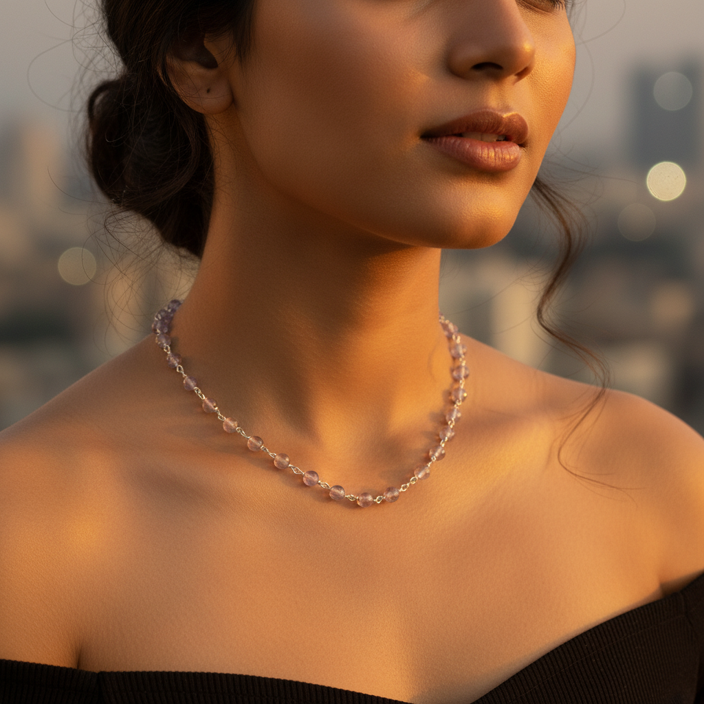 925纯银玫瑰石英串珠项链（女士款）| 礼物