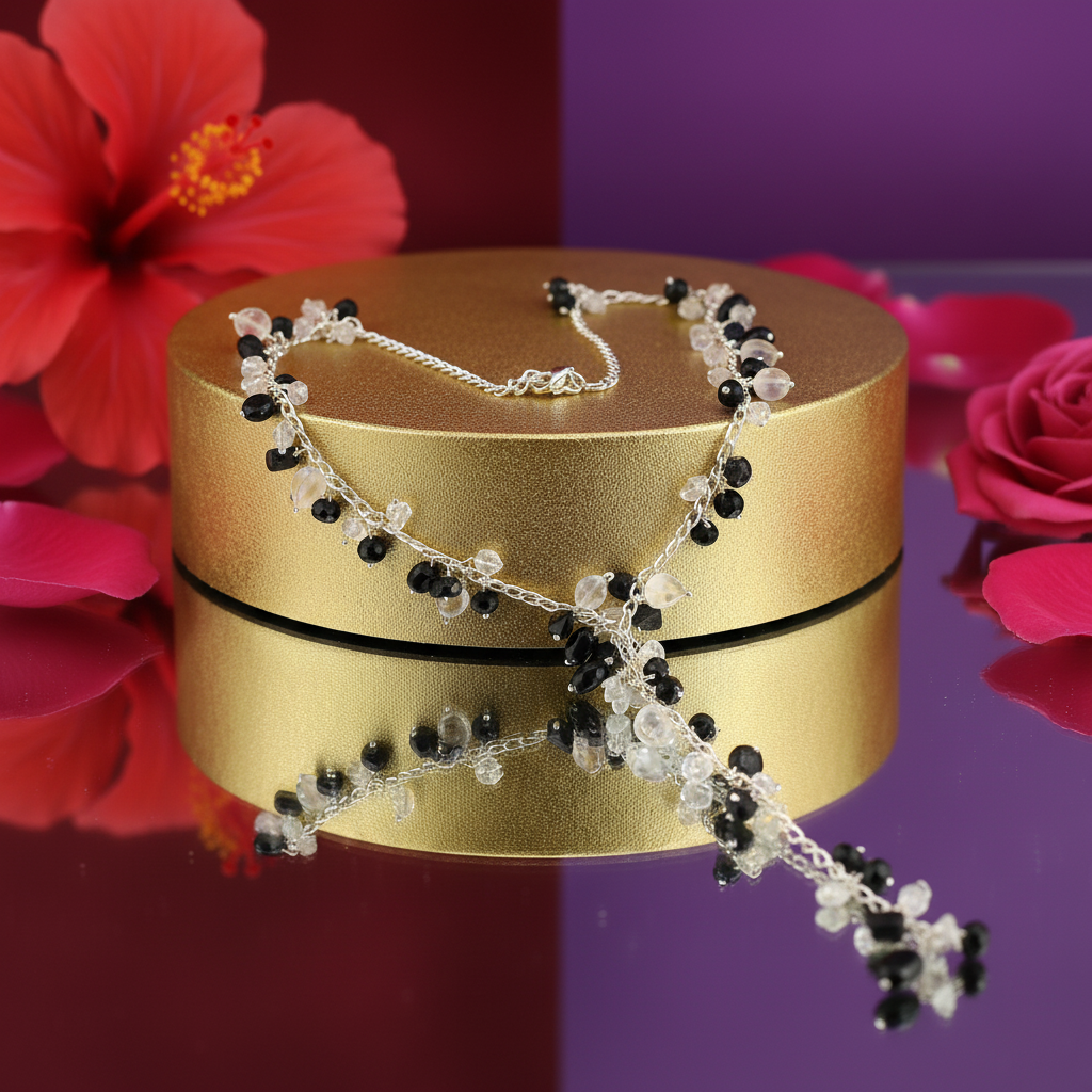 Silver beaded y necklace with black & clear gemstones for women