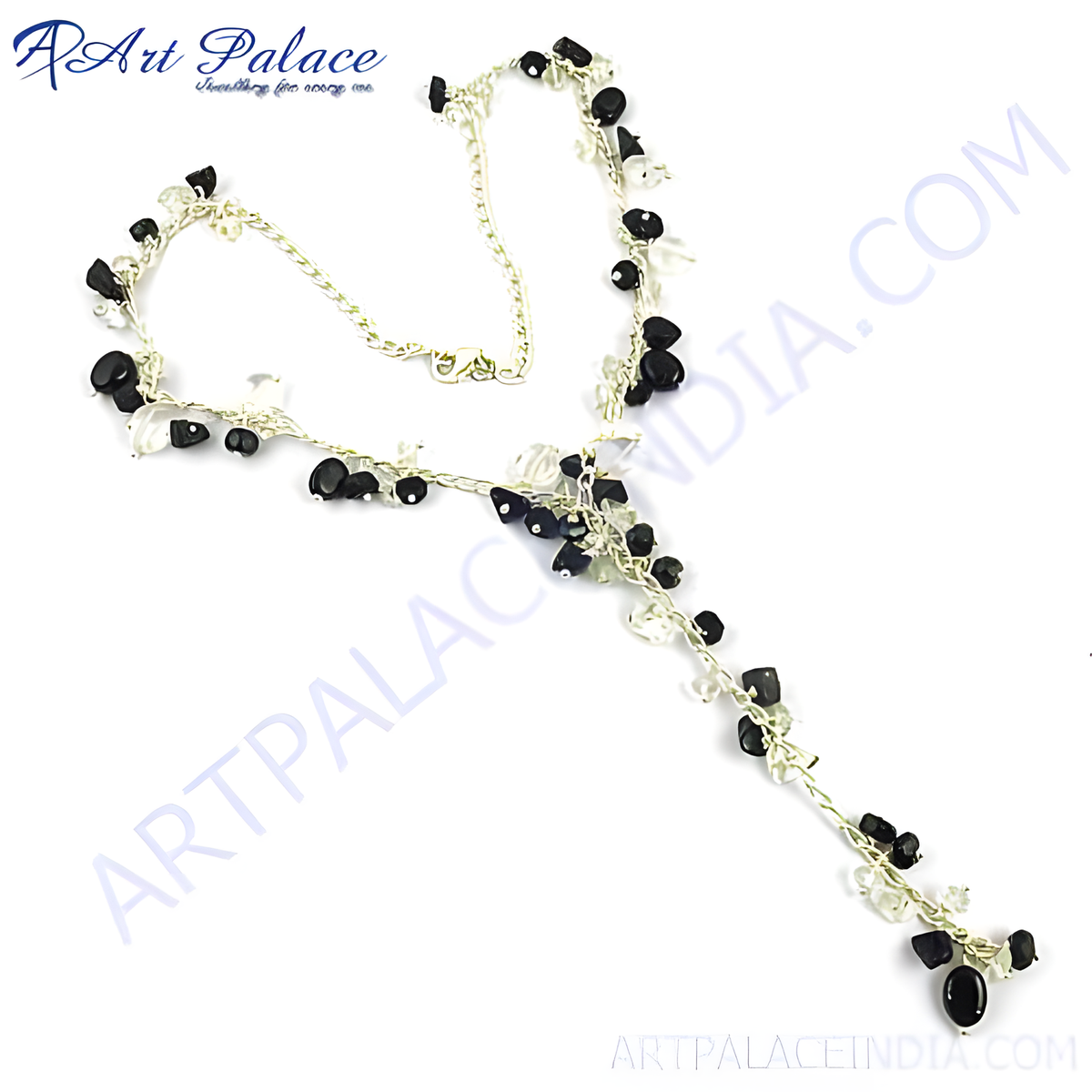 Silver y necklace with black and clear gemstone beads, a stylish jewelry piece for women