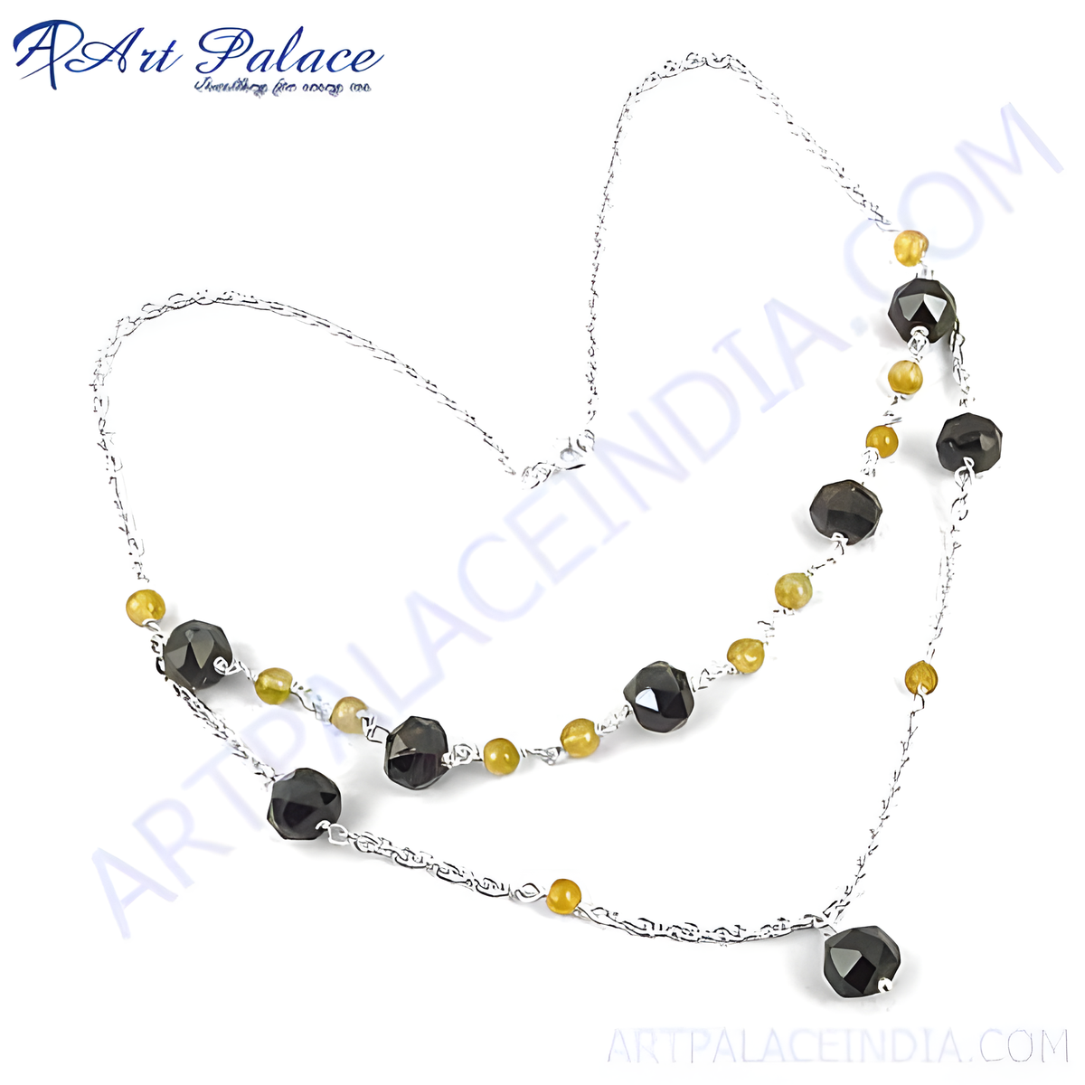 925 sterling silver layered necklace with black and yellow gemstones for women