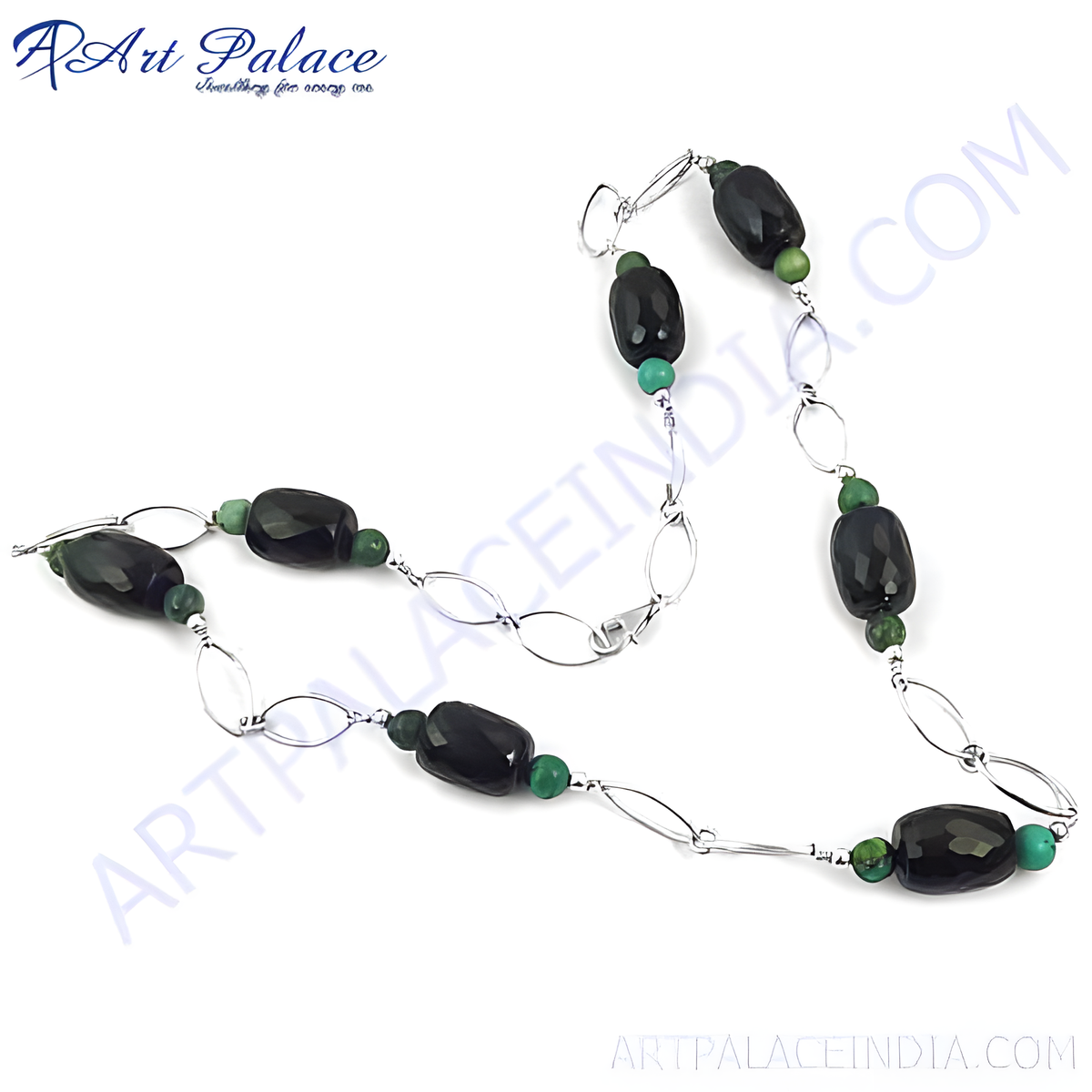 Sterling silver beaded necklace featuring faceted black onyx and green beads