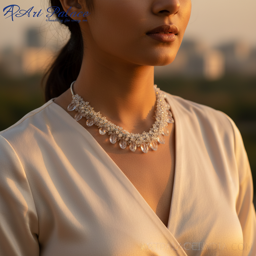 Silver Crystal Beaded Necklace | Wedding Jewelry for Women