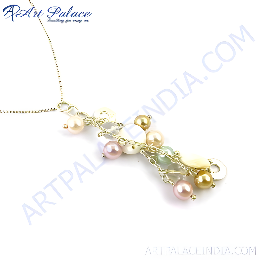 gold plating chain necklace with a cluster of pearls in pink, white, and gold plating.