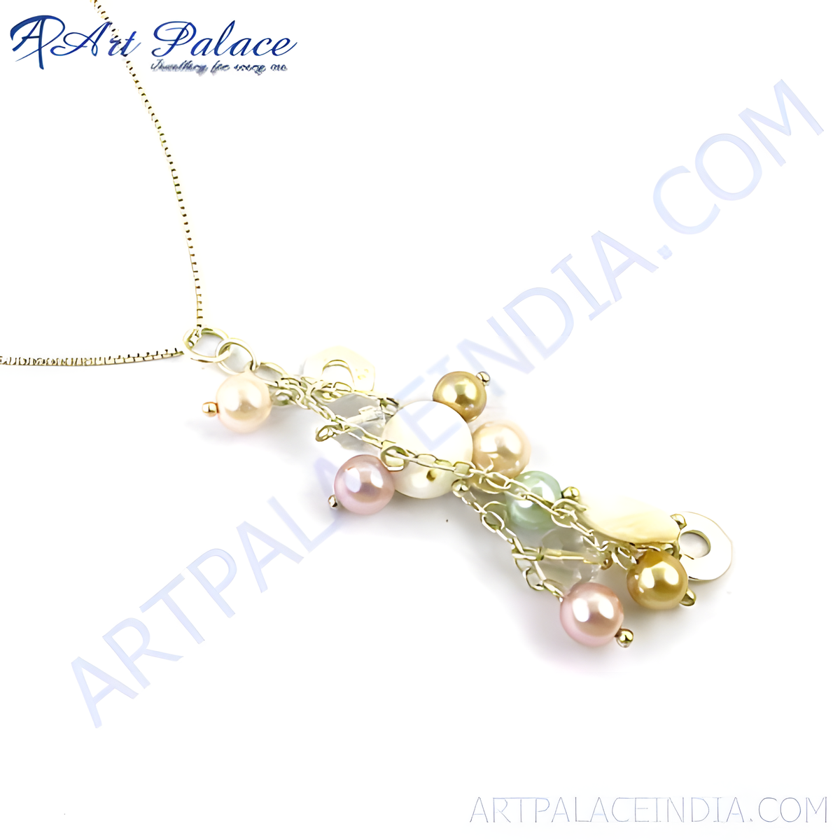 Gold plating chain necklace with a cluster of pearls in pink, white, and gold plating