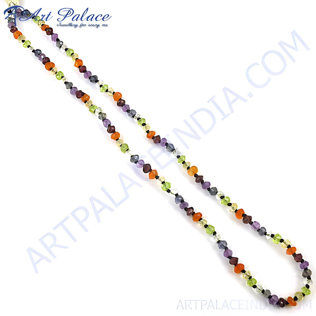 Colorful beaded gemstone necklace featuring a variety of natural gemstones in different colors and shapes