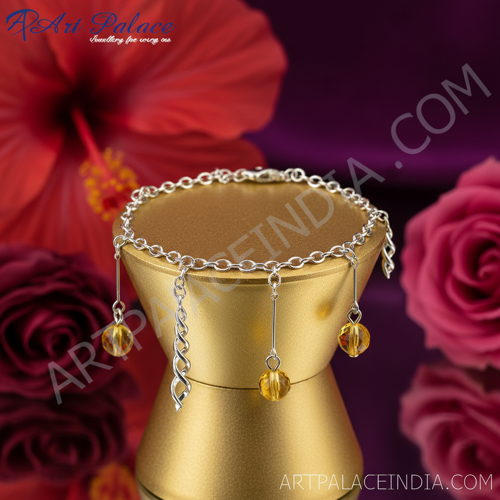 Silver anklet with yellow gemstone beads for women | fashion jewelry
