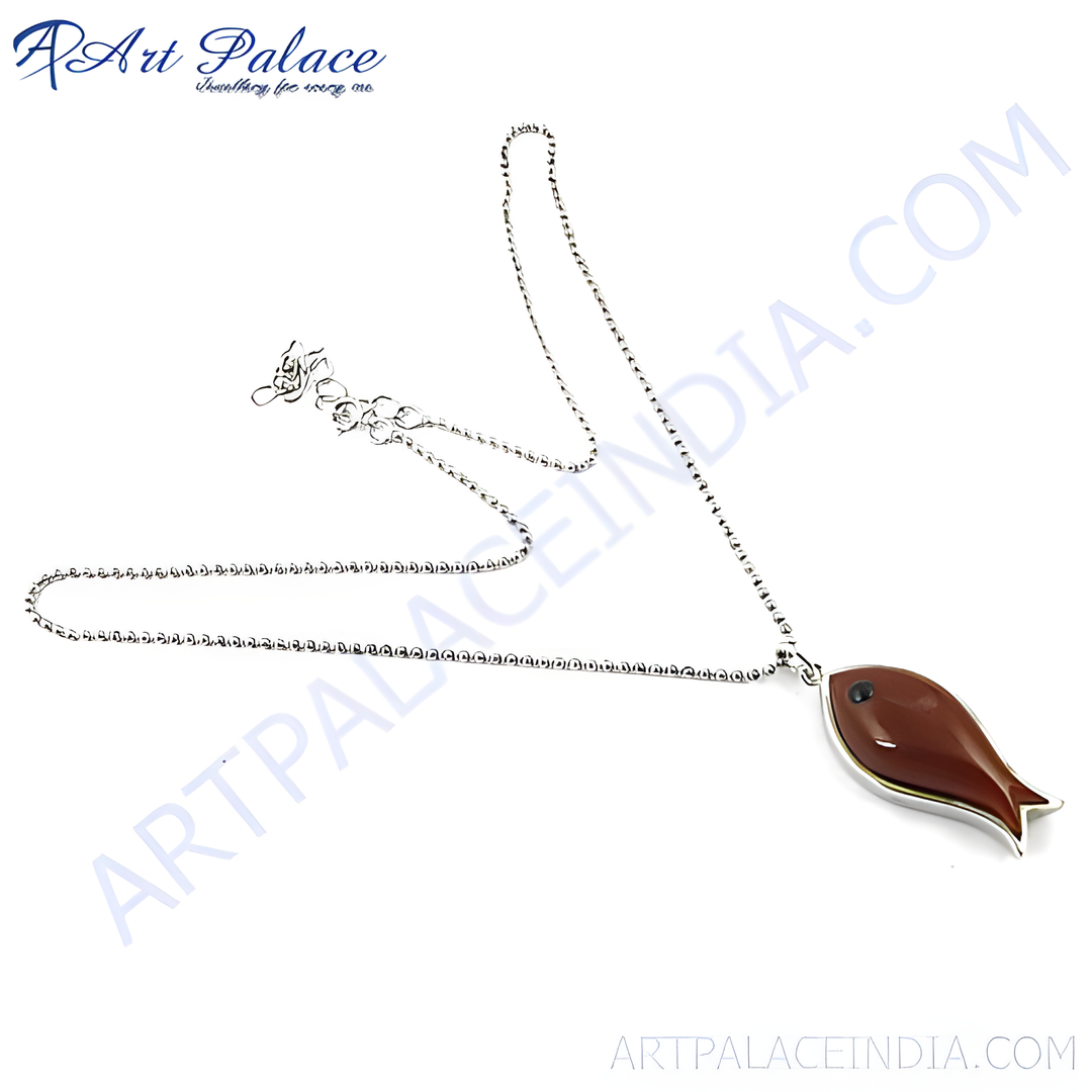 Sterling silver fish pendant necklace with brown gemstone, elegant and stylish design.