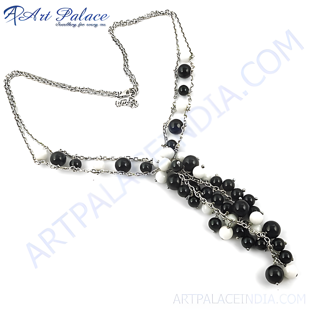 Silver necklace with black and white beads, a fashionable and elegant necklace design