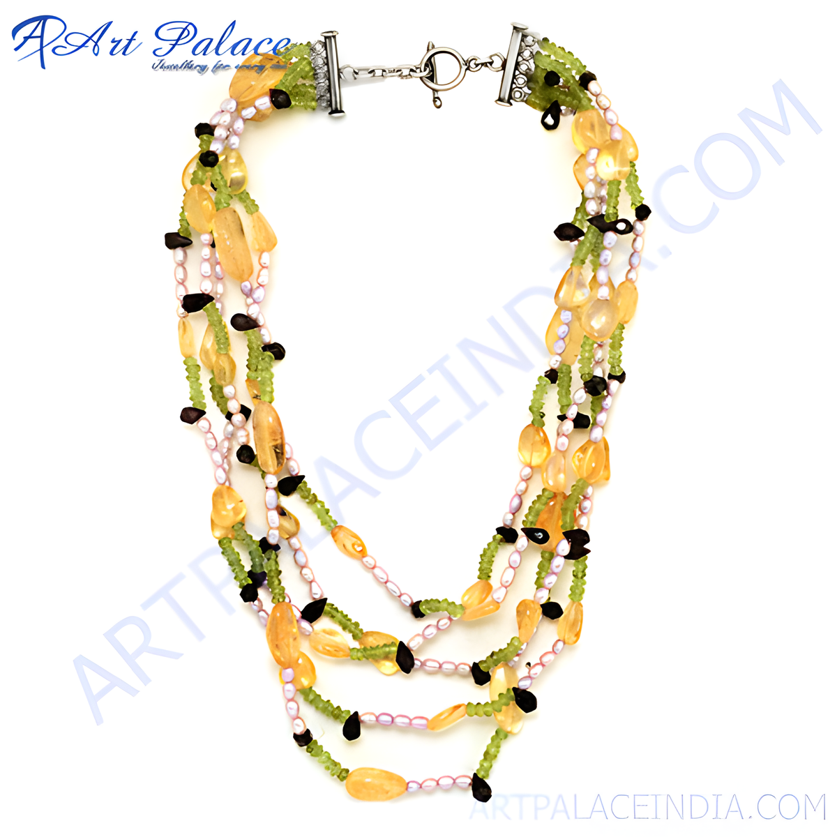 Multi strand necklace with citrine, peridot, and black onyx beads, freshwater pearls, and silver clasp