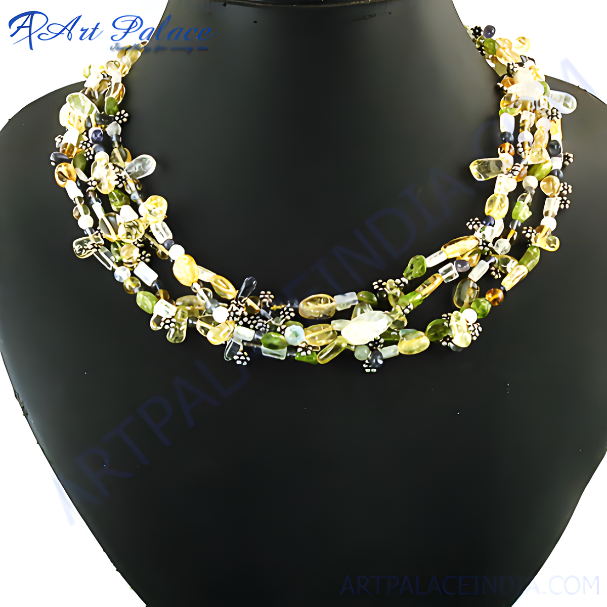 Multi strand necklace featuring green and yellow gemstones, perfect for any occasion