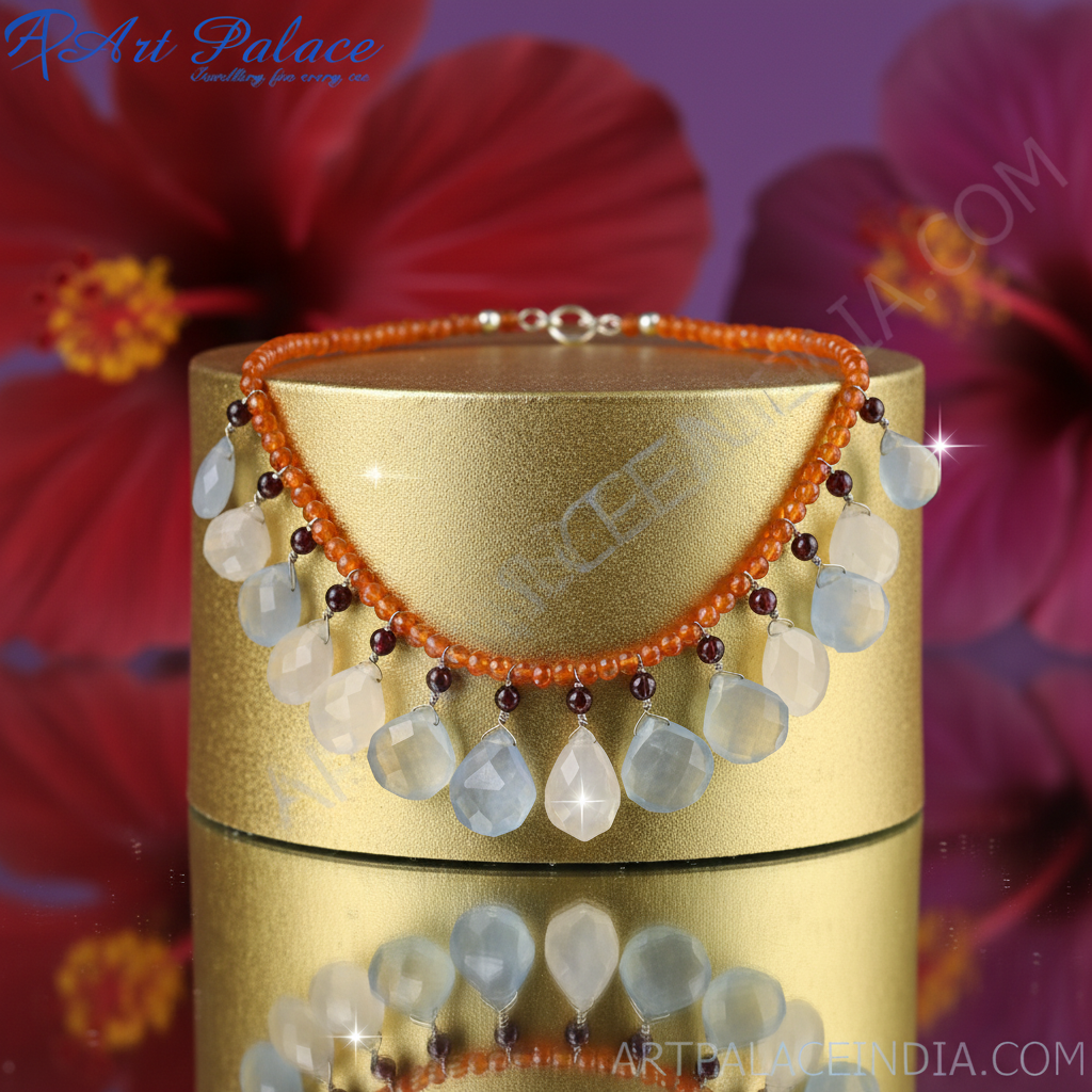 Gemstone Beaded Necklace | Chalcedony & Garnet Jewelry for Women