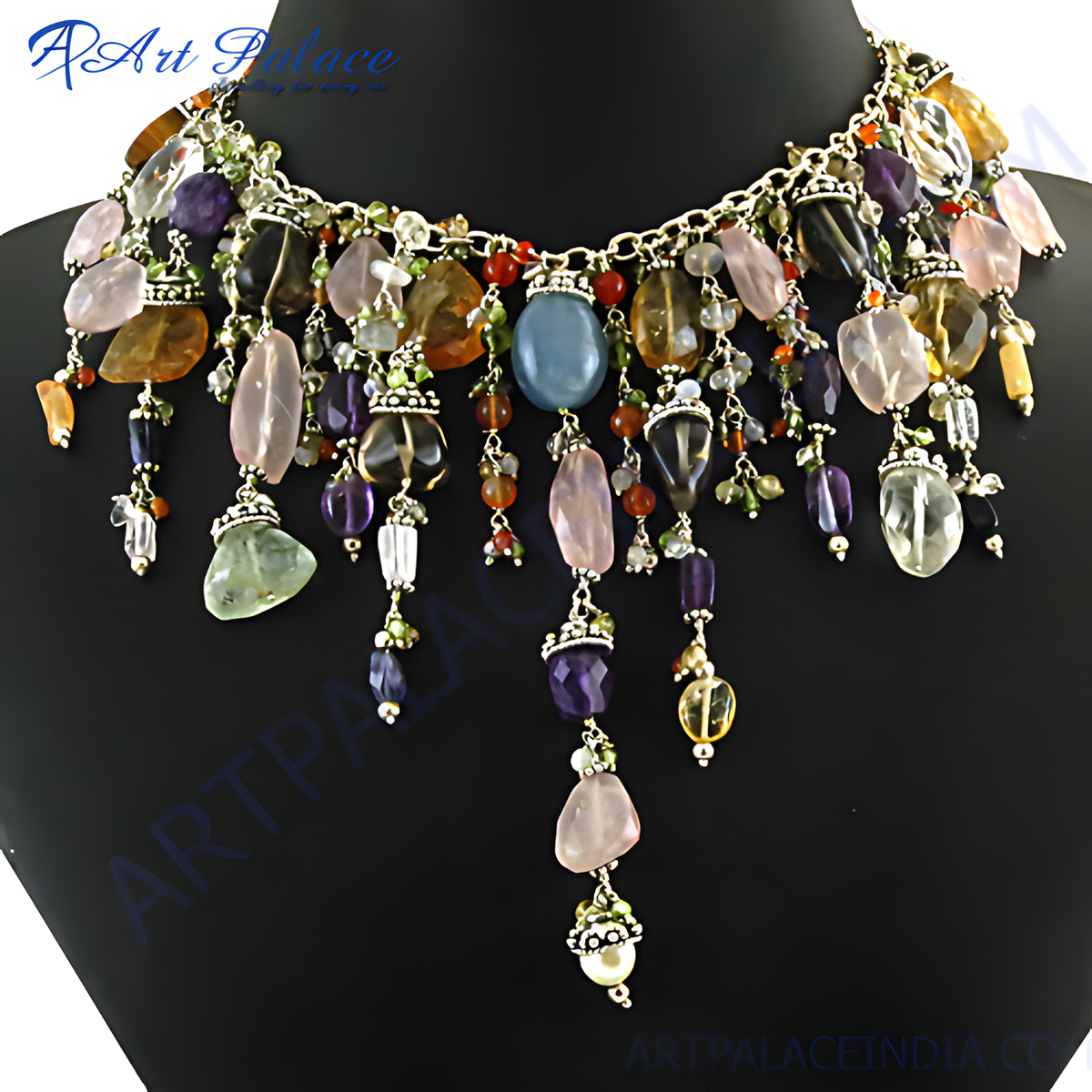 A stunning artisan gemstone beaded necklace with various colorful gemstone beads