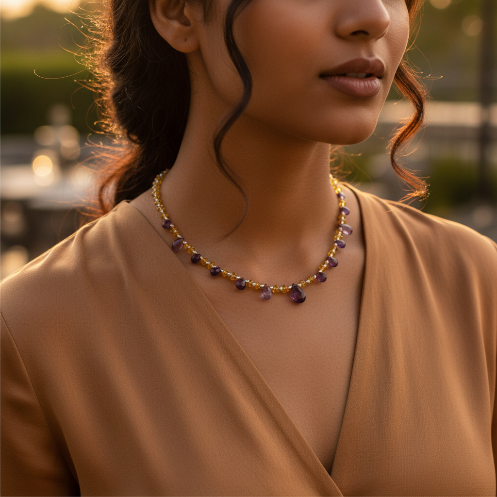 Gemstone Beaded Necklace | Yellow & Purple Stones | Women's Jewelry