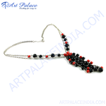 Load image into Gallery viewer, Silver chain necklace with black and red beaded tassel, perfect for women.
