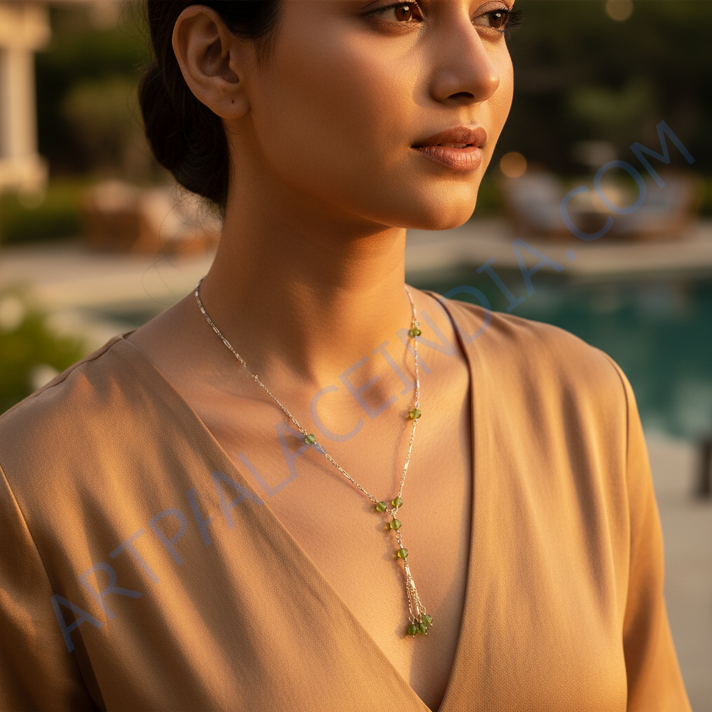 Collar en forma de Y con cuentas de peridoto de plata para mujer | Uso diario