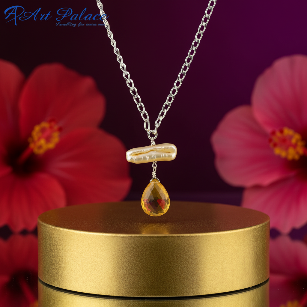 Silver Pearl & Citrine Pendant Necklace for Women | Gift Jewelry